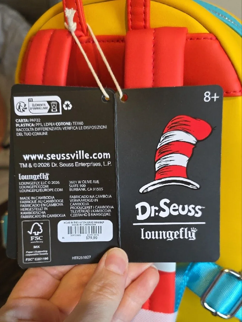 Loungefly Dr. Seuss Yellow Cat in the Hat Mini Backpack with Red & Blue Accents